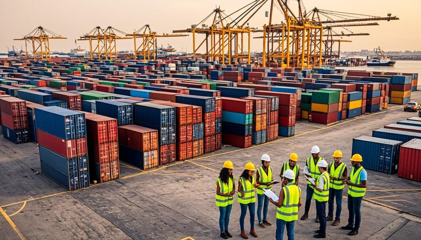 Afri-Bridge port operations — containers and gantry cranes at a modern African port
